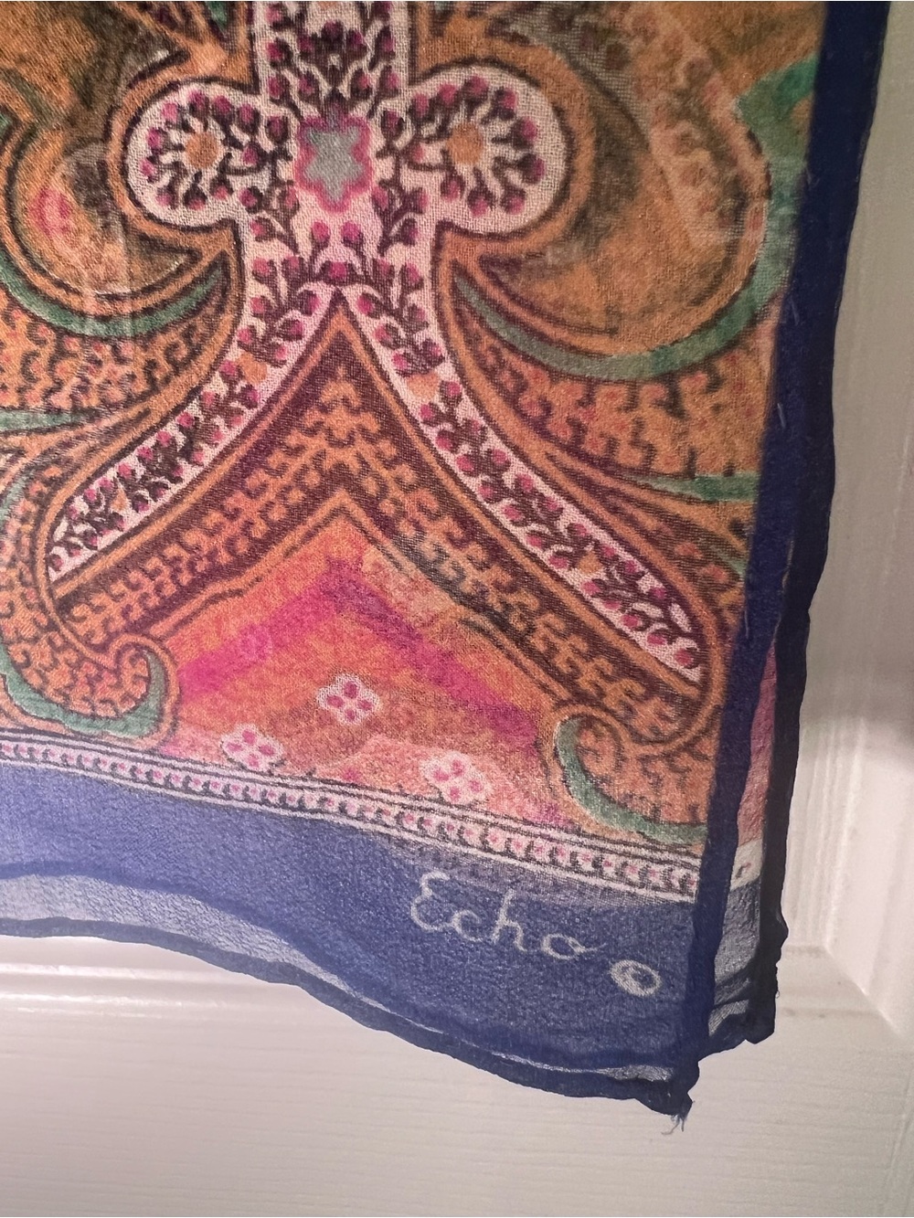 Echo Multicolor Paisley Scarf Wrap with Navy Border Silk Blend Oblong 62x15”